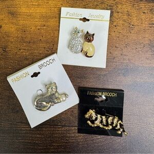 Fashion Jewelry Cat Brooch Pin Bundle - Gold, Silver, Cream